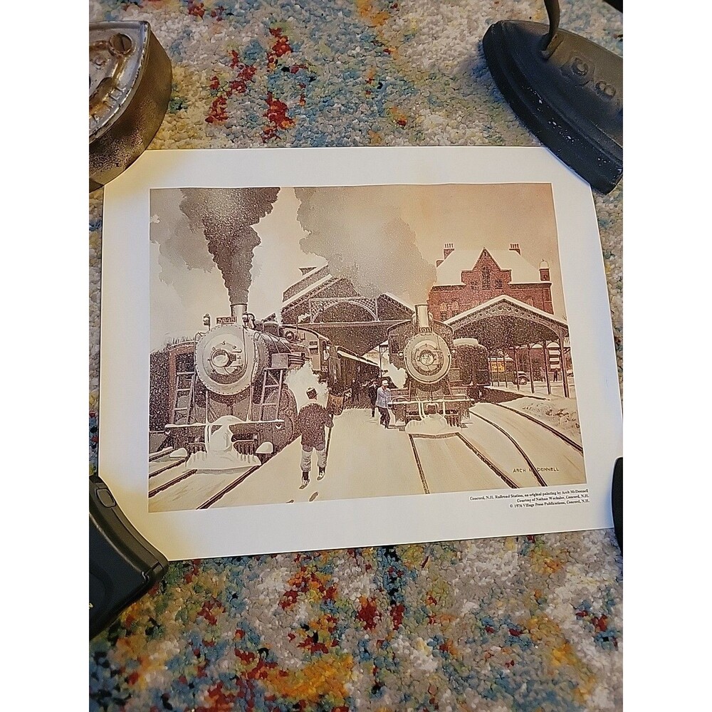 Print Of Arch McDonnell Painting Concord NH Railroad Station Train, 1976 Winter